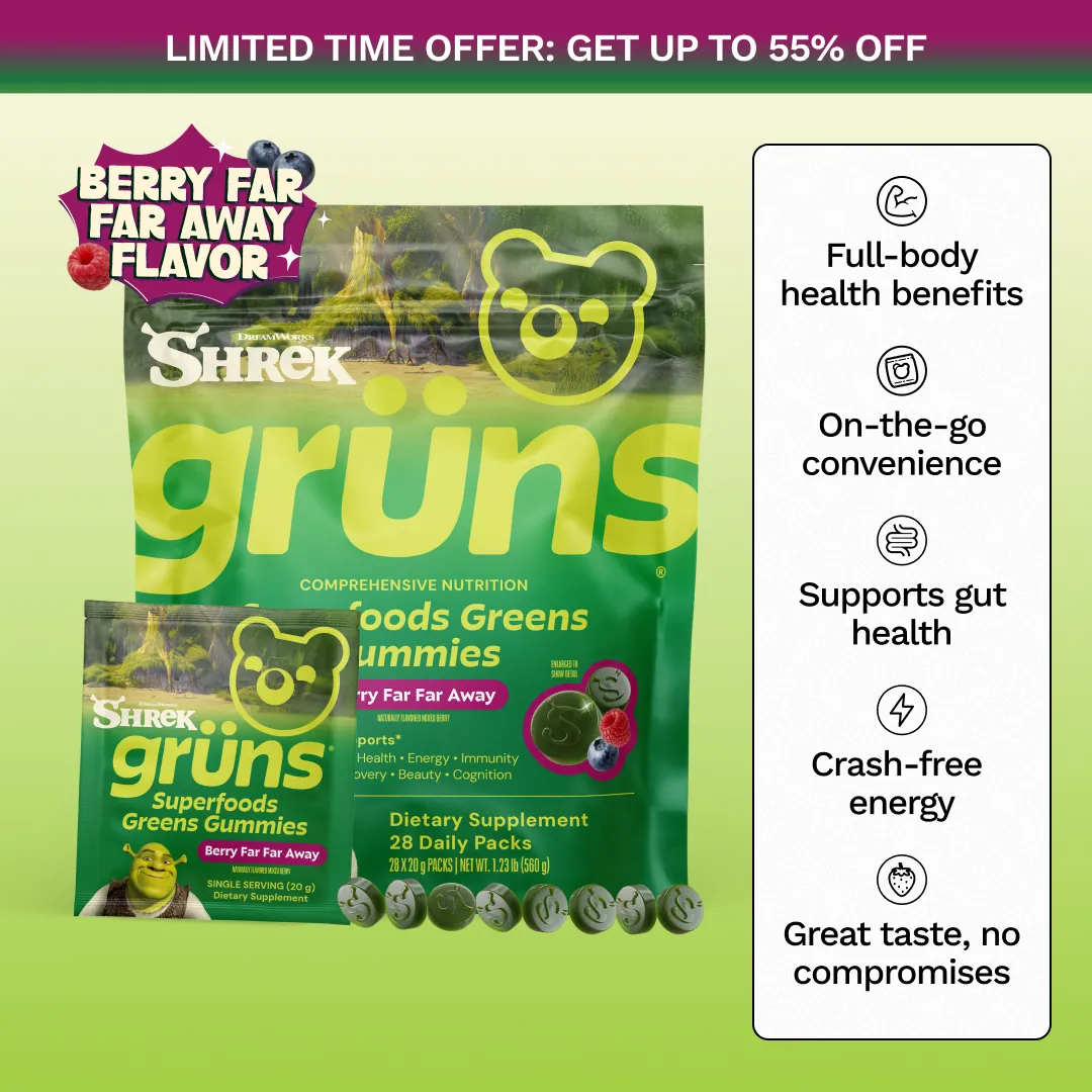 Advertisement banner reading 'Limited Time Offer: Get Up to 55% Off' above a large and small pouch of Shrek Fibrelo Superfoods Greens Gummies in Berry Far Far Away flavor, with a row of gummies below and a sidebar listing benefits: Full-body health benefits, On-the-go convenience, Supports gut health, Crash-free energy, and Great taste, no compromises.