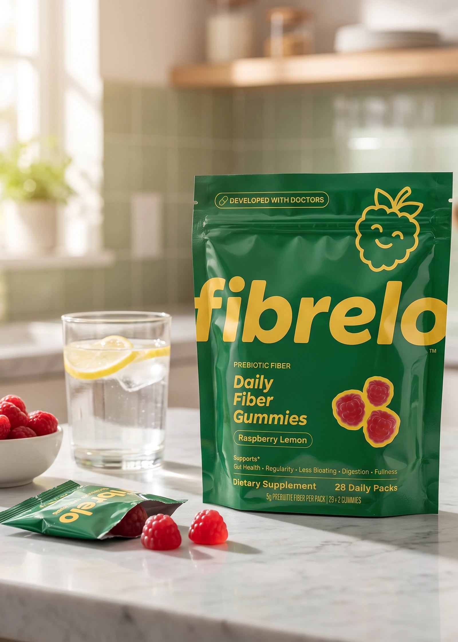 Woman holding a package of Fibrelo and kale in a kitchen